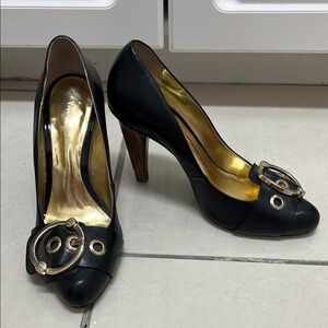 Elegant Black Leather Heels with Gold Accents | Size 8